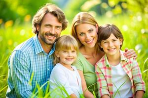 ai generato contento giovane famiglia la spesa tempo insieme al di fuori nel verde natura. foto