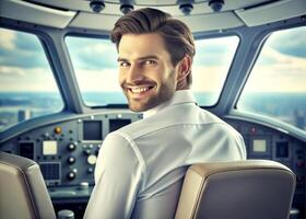ai generato fiducioso maschio pilota sorridente mentre seduta nel cabina di pilotaggio foto