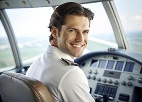 ai generato fiducioso maschio pilota sorridente mentre seduta nel cabina di pilotaggio foto
