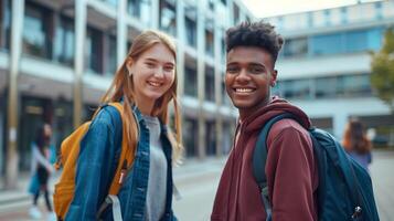 ai generato Due sorridente adolescenti con zaini, un' ragazzo e un' ragazza, condivisione un' gioioso momento su loro alto scuola città universitaria, che rappresentano il spirito di gioventù e amicizia foto