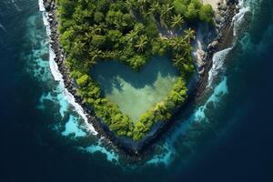 ai generato cuore sagomato laguna su un' Paradiso tropicale isola nel oceano, aereo Visualizza foto