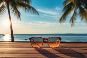 ai generato Vintage ▾ giallo e Marrone occhiali da sole su un' di legno tavolo con un' paesaggio marino e palma alberi nel il sfondo foto