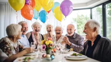 ai generato gioioso anziano festa - festivo compleanno raccolta per anziano foto