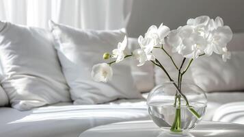 ai generato avvicinamento di bianca vaso di fresco orchidee su un' tavolo, vivente camera interno design con accogliente divano e verdura sfondo. casa arredamento ispirazione. foto