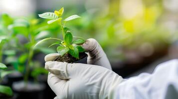 ai generato avvicinamento di mani nel bianca guanti piantare o cura per giovane verde pianta nel pentola. giardinaggio Consigli, pianta cura, ambientale conservazione sfondo. foto