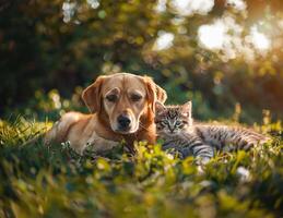 ai generato adorabile cane e gatto duo oziare su lussureggiante verde erba, crogiolarsi nel primavera luce del sole foto