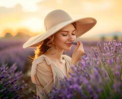 ai generato lavanda beatitudine tramonto serenata nel viola tonalità foto