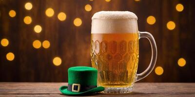 ai generato st. Patrick giorno sfondo. un' boccale di birra con un' verde cappello su un' di legno tavolo, contro un' bokeh sfondo. ai generazione foto