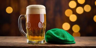ai generato st. Patrick giorno sfondo. un' boccale di birra con un' verde cappello su un' di legno tavolo, contro un' bokeh sfondo. ai generazione foto