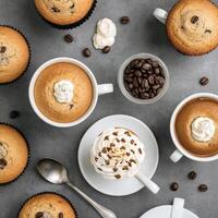 ai generato impostato di caffè bicchieri con schiuma, superiore Visualizza. caffè concetto. caffè fagioli. ai generazione foto