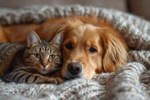 ai generato un' cane e un' gatto menzogna insieme sotto un' caldo coperta a casa . amicizia di animali domestici foto