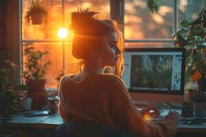 ai generato ritratto di un' giovane ragazza Lavorando a casa a un' computer di il finestra a tramonto. il concetto di un' libero professionista foto