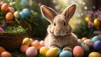 ai generato carino soffice Pasqua coniglietto e colorato uova su verde erba, vicino su e selettivo messa a fuoco Immagine per design foto