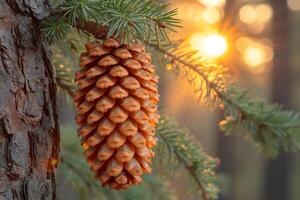 ai generato un' cono è sospeso su un' ramo di un' pino albero nel il foresta. cedro cono foto