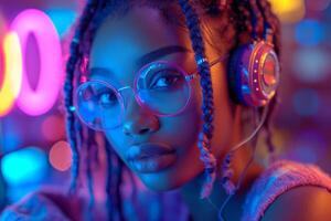 ai generato avvicinamento di un afroamericano ragazza con cuffie nel neon luci foto