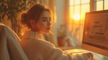 ai generato ritratto di un' giovane ragazza Lavorando a casa a un' computer di il finestra a tramonto. il concetto di un' libero professionista foto