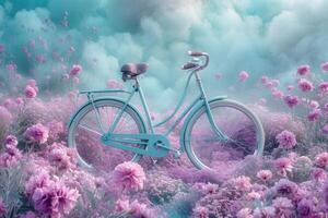 ai generato retrò bicicletta decorato con fiori su un' blu sfondo. un' romantico cartolina foto