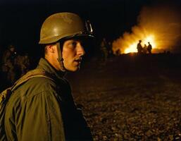 ai generato foto di intenso soldato uomo nel esercito attrezzatura e casco nel grave pericoloso guerra a notte, generativo ai