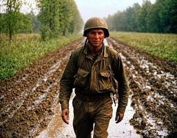 ai generato foto di intenso soldato uomo nel esercito attrezzatura e casco nel grave pericoloso guerra a piedi su campo, generativo ai