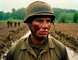 ai generato foto di intenso soldato uomo nel esercito attrezzatura e casco nel grave pericoloso guerra a piedi su campo, generativo ai