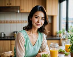 ai generato foto di bellissimo asiatico donna come un' contento moglie a cucina, generativo ai