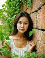 ai generato foto di bellissimo asiatico donna in piedi a mattone parete strada, generativo ai