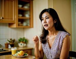 ai generato foto di bellissimo asiatico donna come un' moglie con curioso viso sensazione a cucina, generativo ai