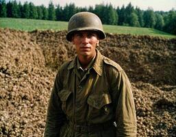 ai generato foto di intenso soldato uomo nel esercito attrezzatura e casco nel grave pericoloso guerra a piedi su campo, generativo ai