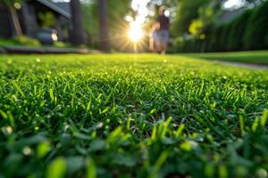 ai generato verde prato vicino il Casa nel il luce del sole, bellissimo estate sfondo foto