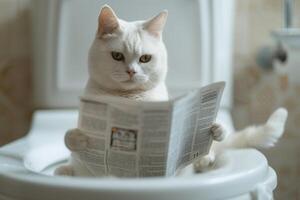 ai generato un' domestico gatto è seduta su il gabinetto e lettura un' giornale foto