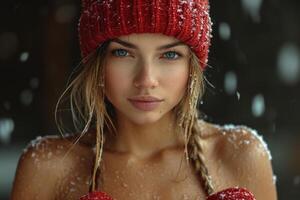 ai generato inverno ritratto di un' giovane bellissimo donna nel un' cappello foto