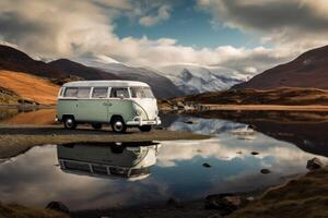 ai generato campeggio vicino il lago nel un' camper . campeggio nel un' camper furgone foto