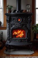 ai generato ghisa stufa nel un' rustico Casa con un' fuoco illuminato dentro per calore il Casa foto