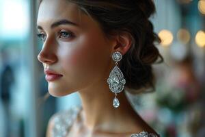 ai generato il viso di un' bellissimo elegante ragazza nel alla moda gioielleria, grande orecchini foto