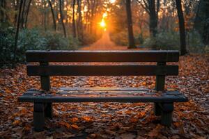 ai generato un' panchina nel il autunno parco. autunno tempo metereologico foto