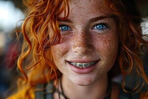 ai generato ritratto di un' giovane dai capelli rossi donna con bretelle su sua denti su un' strada sfondo. lungo Riccio rosso capelli foto