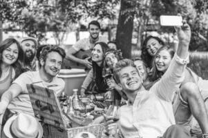 gruppo di amici fabbricazione un' picnic barbecue e assunzione autoscatto con mobile smartphone nel parco all'aperto - contento persone avendo divertimento insieme mangiare e potabile vino - amicizia, gioventù stile di vita concetto foto