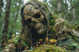 ai generato artistico composizione di un' umano cranio su il terra nel il foresta foto