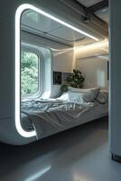 ai generato un' futuristico Camera da letto nel luminosa colori. 3d illustrazione foto