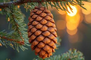 ai generato un' cono è sospeso su un' ramo di un' pino albero nel il foresta. cedro cono foto