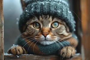 ai generato un' gatto nel un' inverno cappello e sciarpa su il strada durante il giorno nel inverno foto