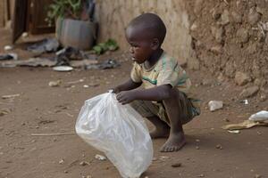 ai generato stanco poco africano ragazzo raccoglie spazzatura su il strada foto
