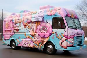 ai generato un' moderno multicolore cibo camion su il strada foto