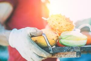 maschio mano Tenere un' legna tavola contenente biologico frutta e fresco verdure - fruttivendolo a opera nel terreni agricoli - concetto di agricoltura e salutare stile di vita - messa a fuoco su superiore guanto foto