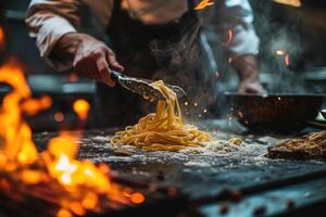 ai generato un' avvicinamento di il processi di fabbricazione fatti in casa pasta. un' capocuoco preparazione italiano pasta foto