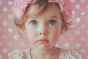 ai generato ritratto di un' poco ragazza su un' rosa sfondo con bianca cerchi foto