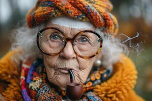 ai generato un' alla moda anziano donna fuma un' tubo su il strada nel autunno foto