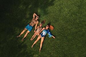 superiore Visualizza di un' contento famiglia nel costumi da bagno dire bugie su il verde erba foto