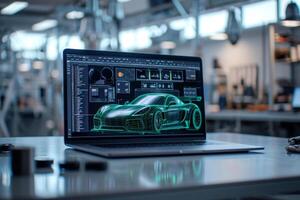 ai generato il disposizione di un' moderno gli sport auto su il il computer portatile schermo di un settore automobilistico progettista foto