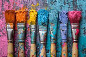 ai generato artistico spazzole spalmato nel dipingere su un' sfondo coperto con multicolore olio vernici foto